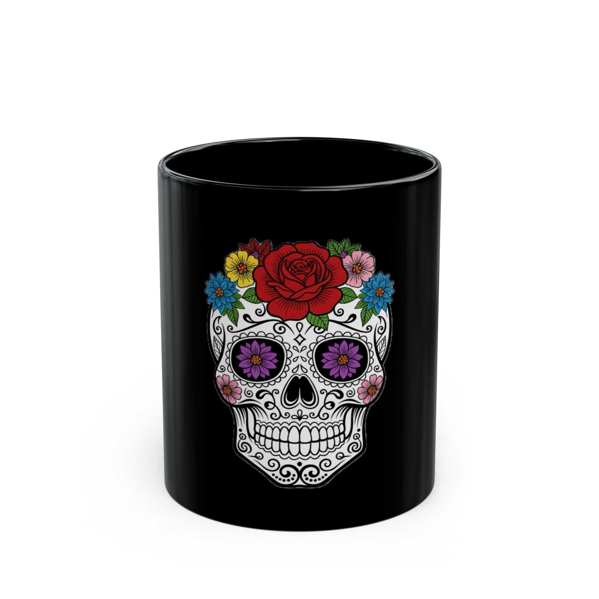 Sugar Skull Black Mug - Day of the Dead Coffee Cup, Halloween Gift, Floral Skull Mug, Unique Tea Mug, Decorative Ceramic Mug