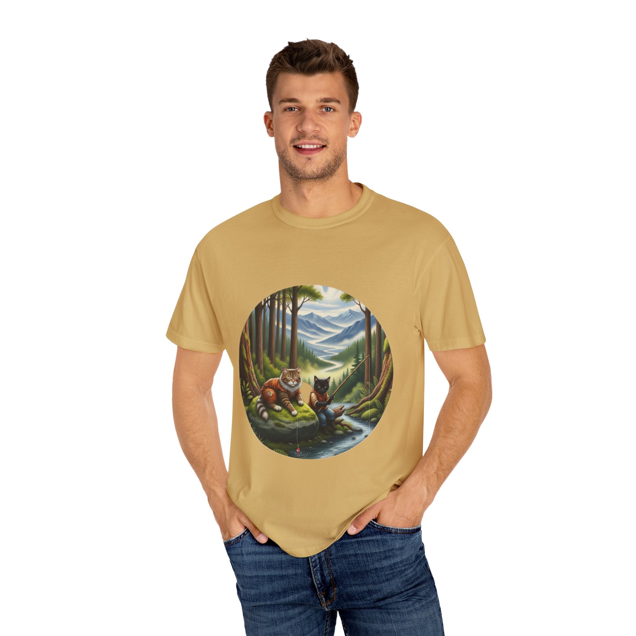 Cat Lover T-Shirt - Two Cats Enjoying Mountain Stream