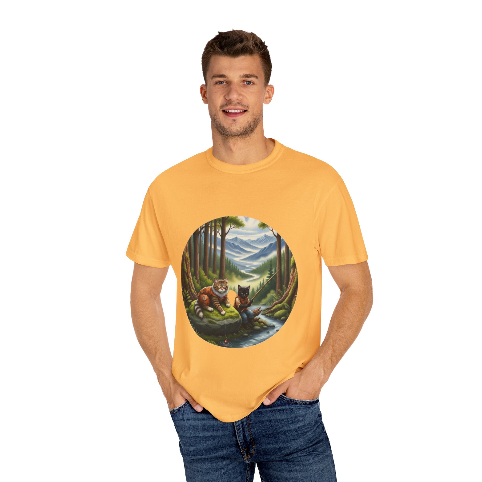Cat Lover T-Shirt - Two Cats Enjoying Mountain Stream