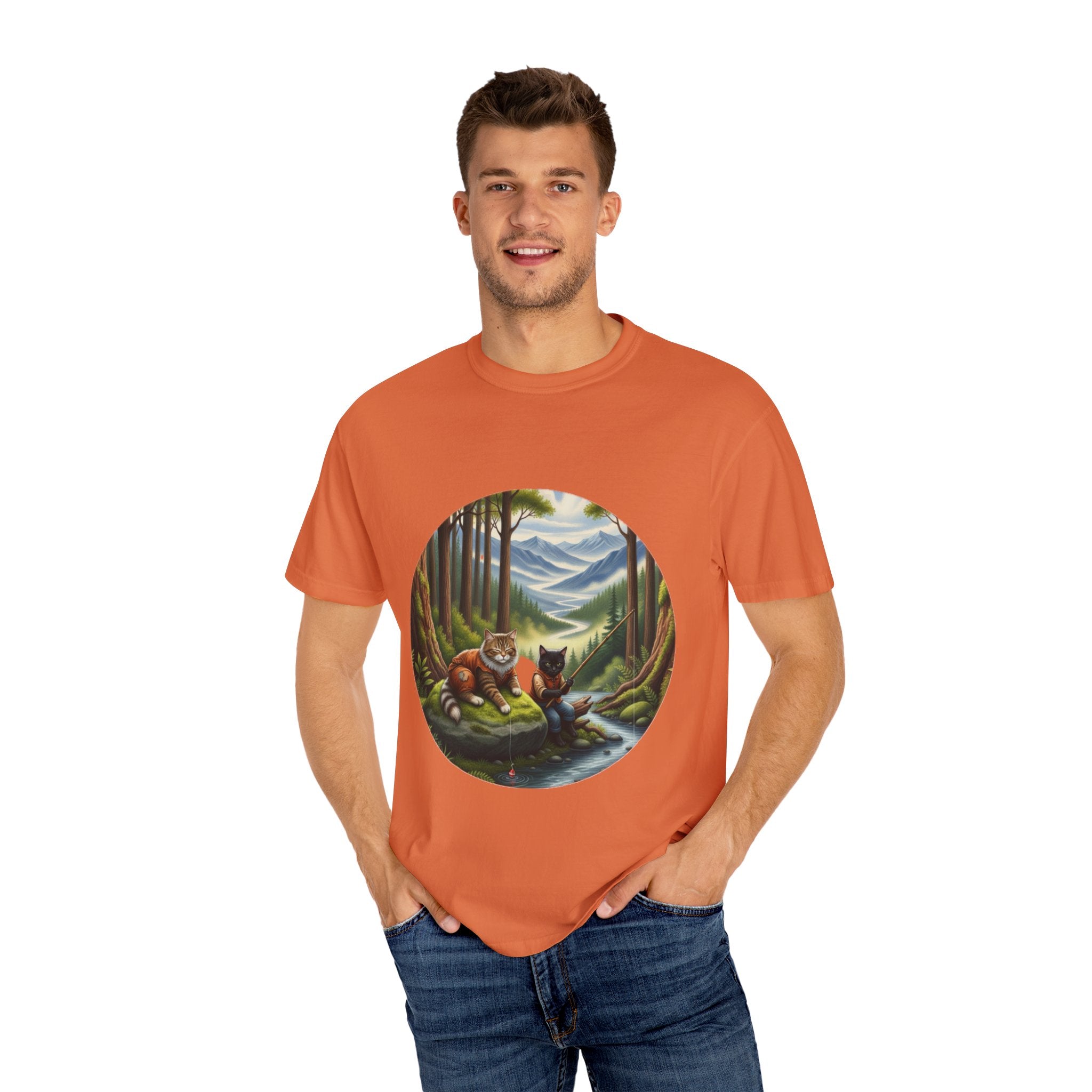 Cat Lover T-Shirt - Two Cats Enjoying Mountain Stream