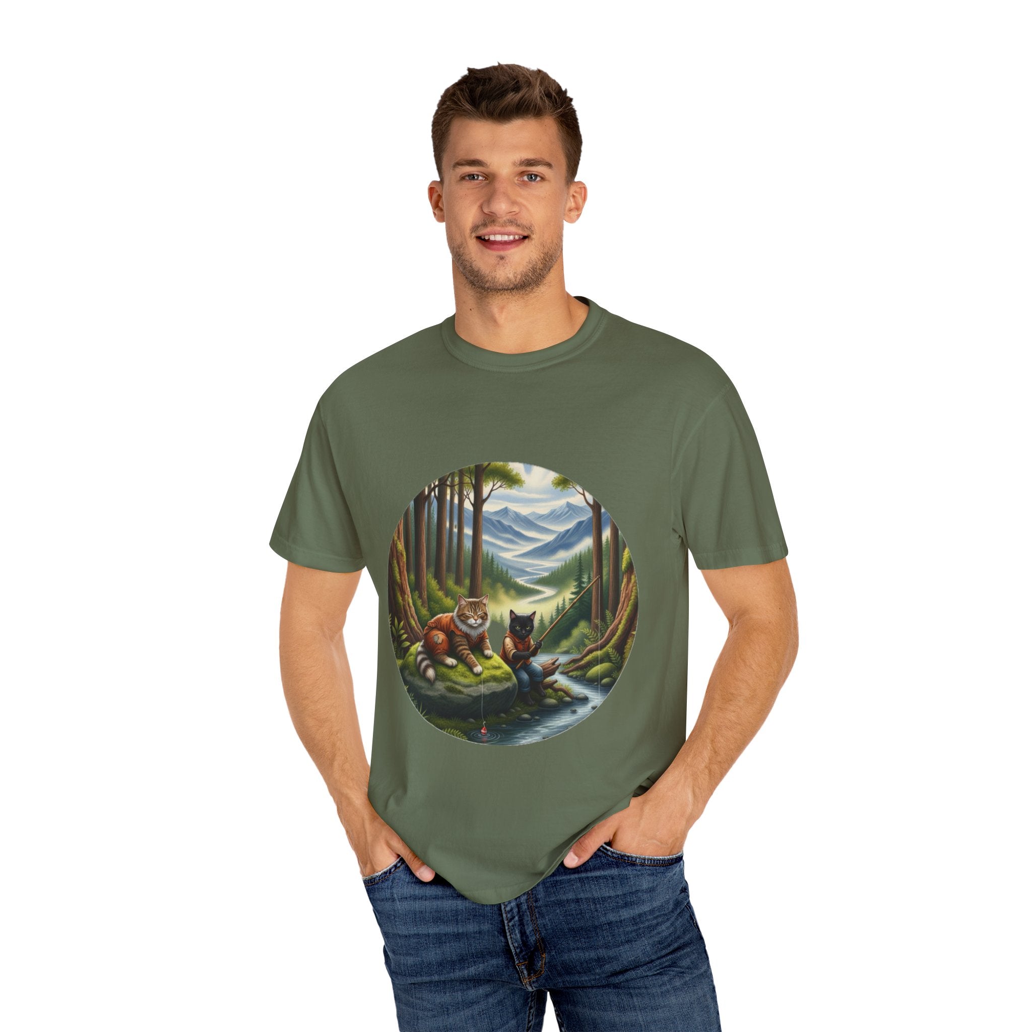 Cat Lover T-Shirt - Two Cats Enjoying Mountain Stream