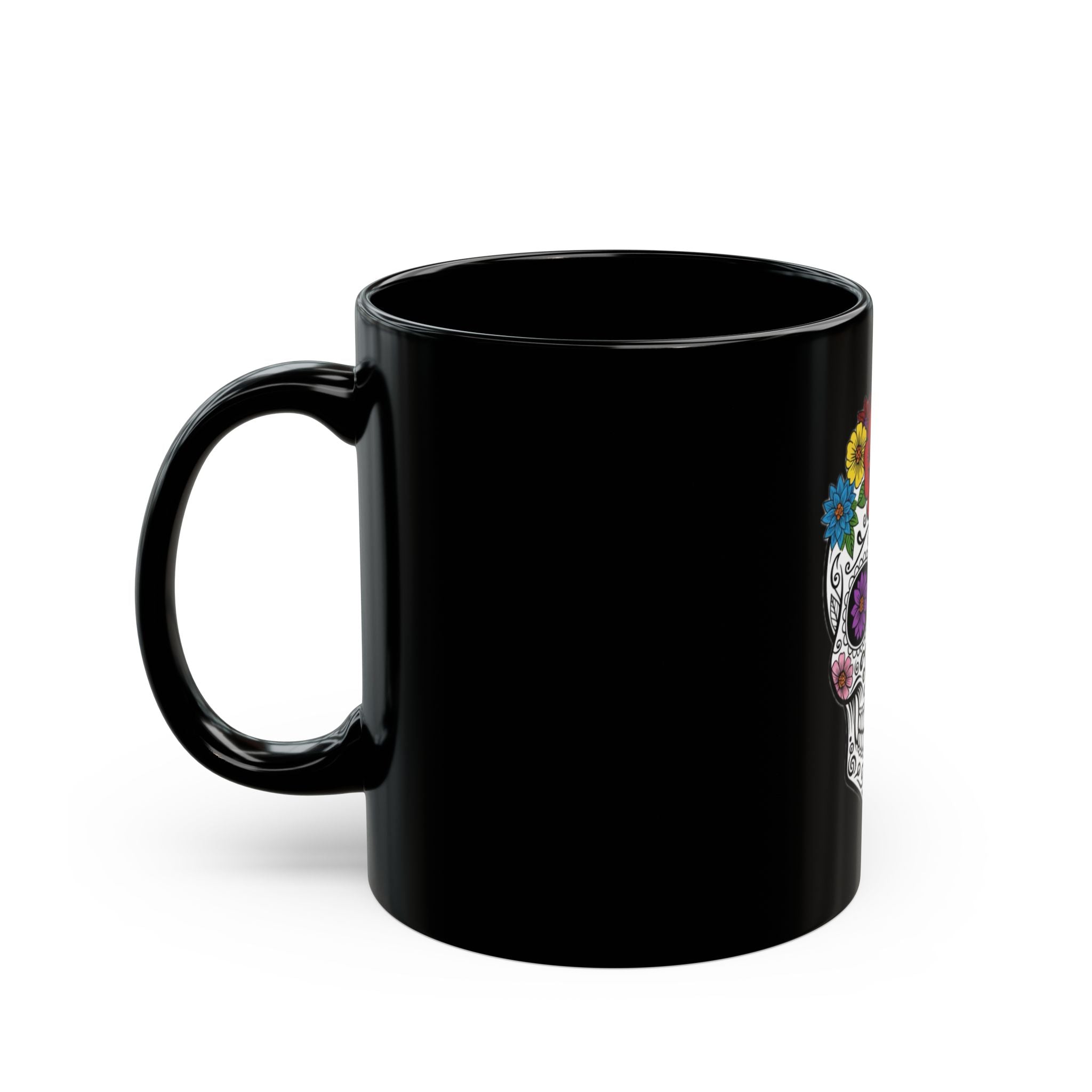 Sugar Skull Black Mug - Day of the Dead Coffee Cup, Halloween Gift, Floral Skull Mug, Unique Tea Mug, Decorative Ceramic Mug