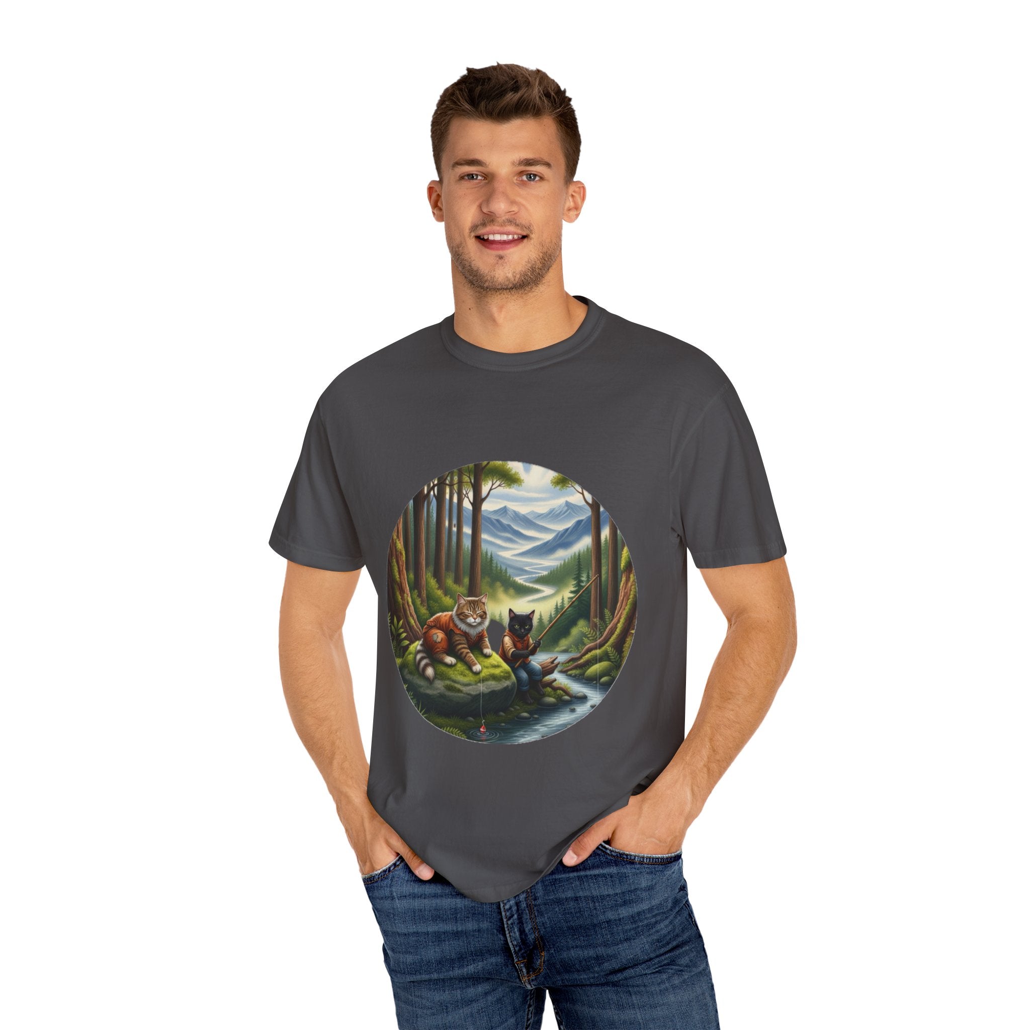 Cat Lover T-Shirt - Two Cats Enjoying Mountain Stream