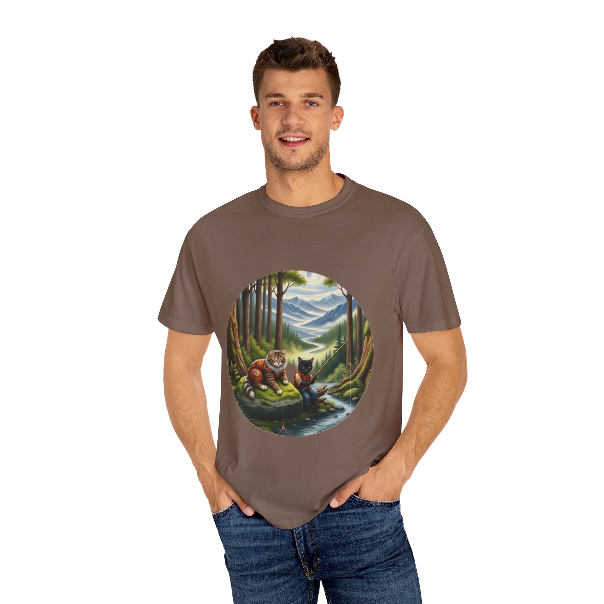 Cat Lover T-Shirt - Two Cats Enjoying Mountain Stream