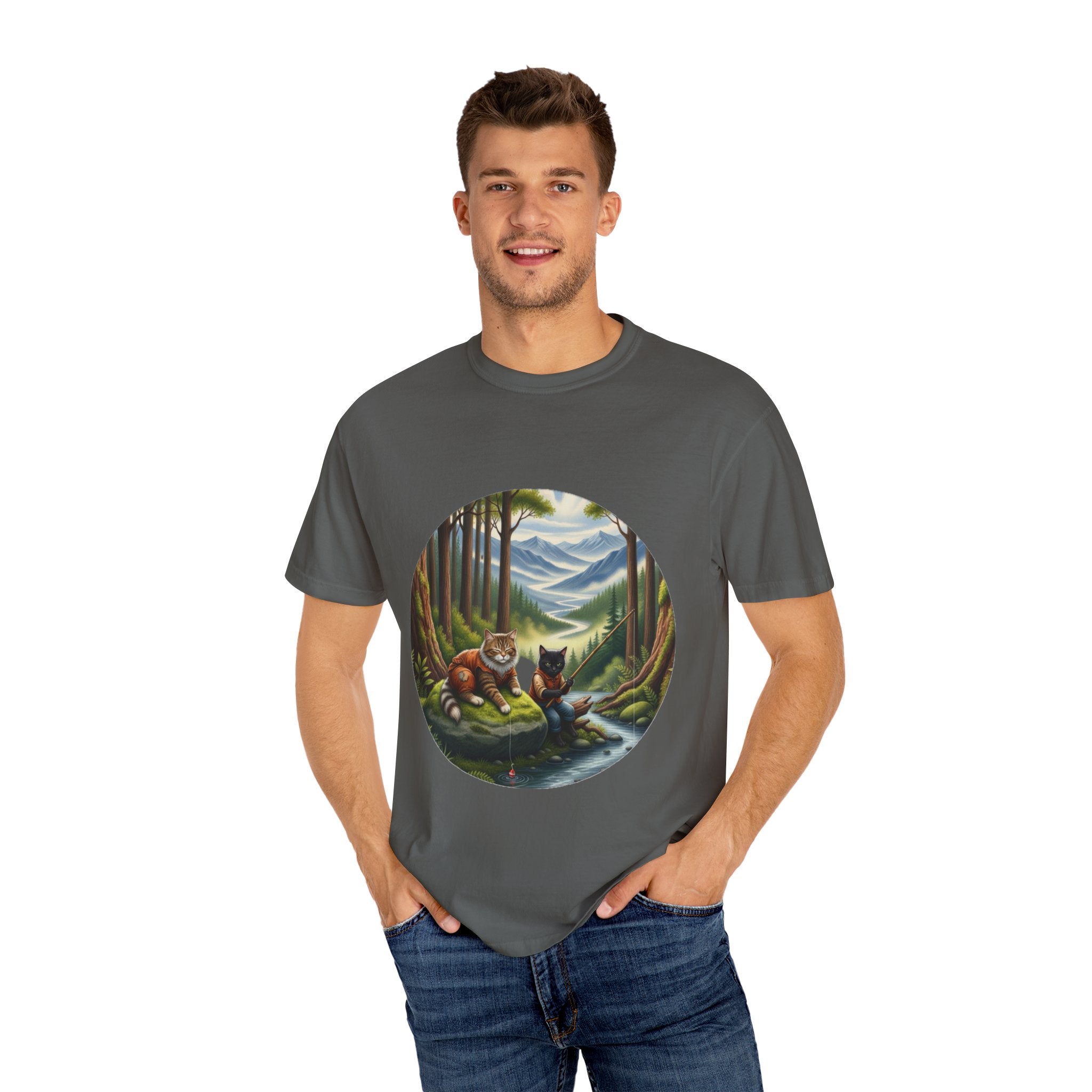 Cat Lover T-Shirt - Two Cats Enjoying Mountain Stream