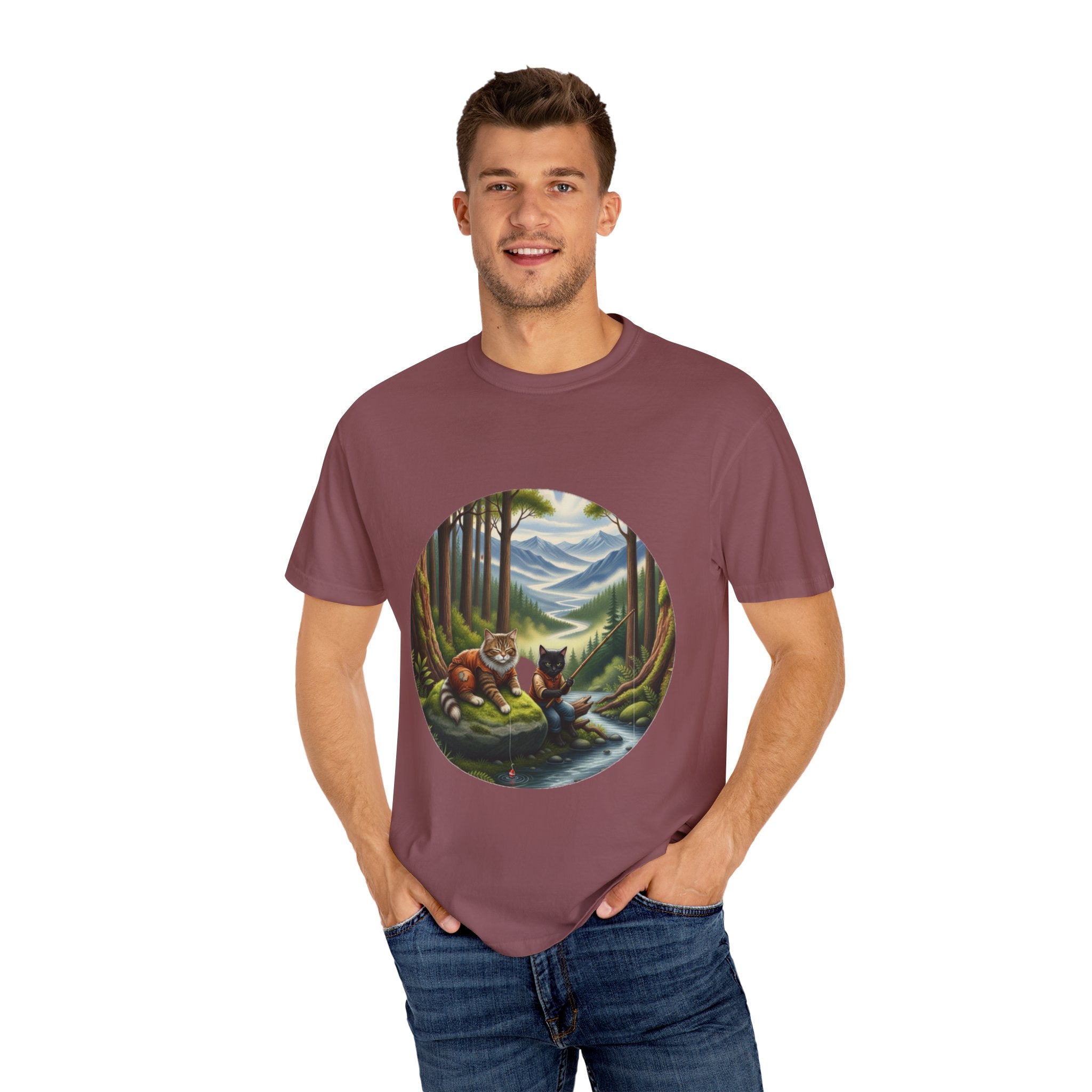 Cat Lover T-Shirt - Two Cats Enjoying Mountain Stream