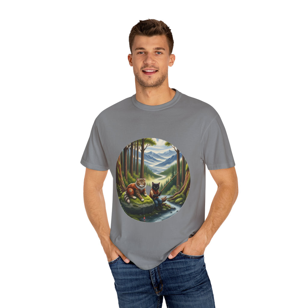 Cat Lover T-Shirt - Two Cats Enjoying Mountain Stream