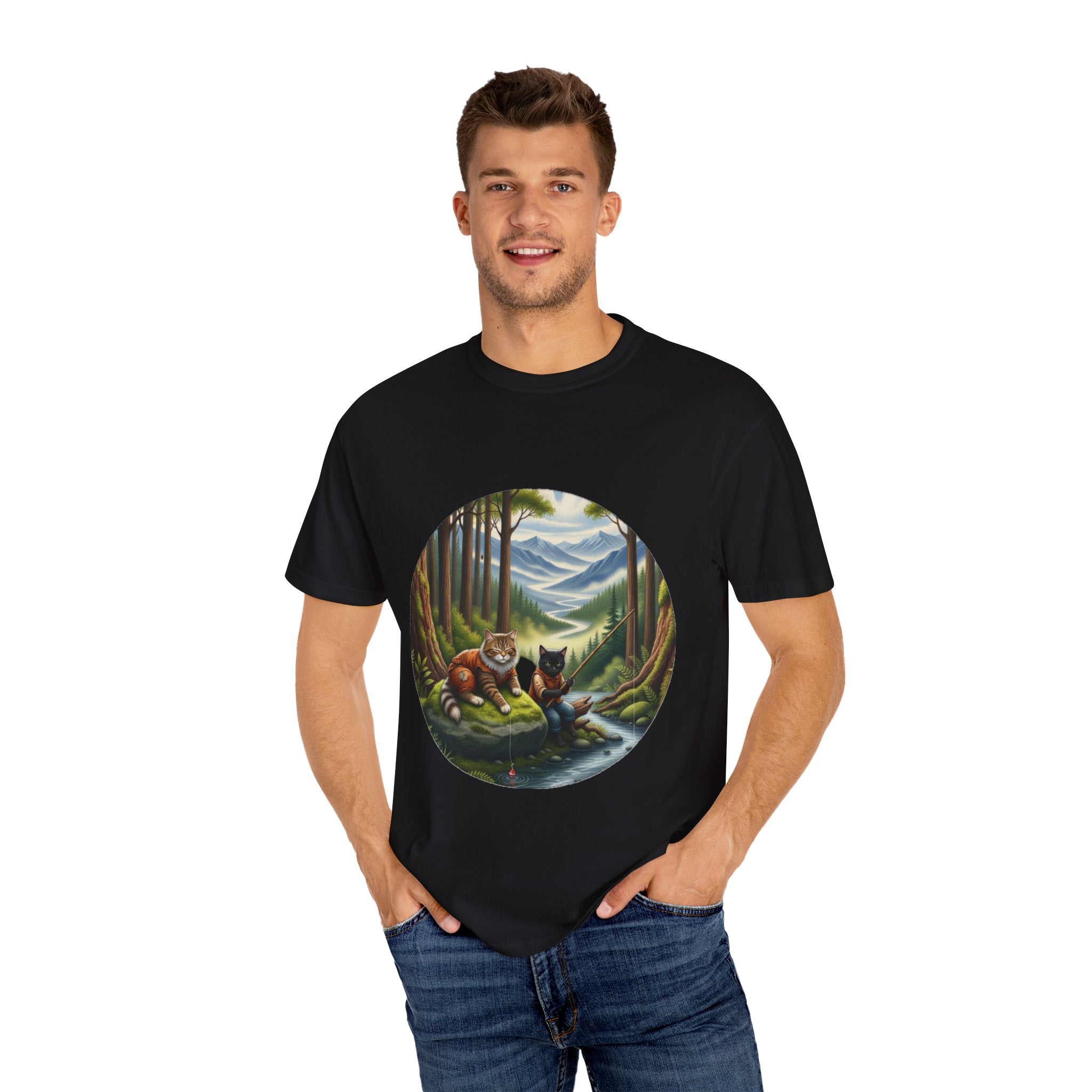 Cat Lover T-Shirt - Two Cats Enjoying Mountain Stream