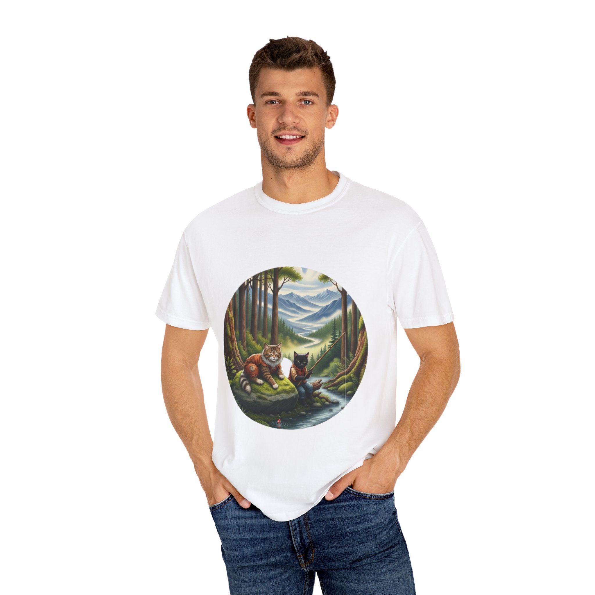 Cat Lover T-Shirt - Two Cats Enjoying Mountain Stream