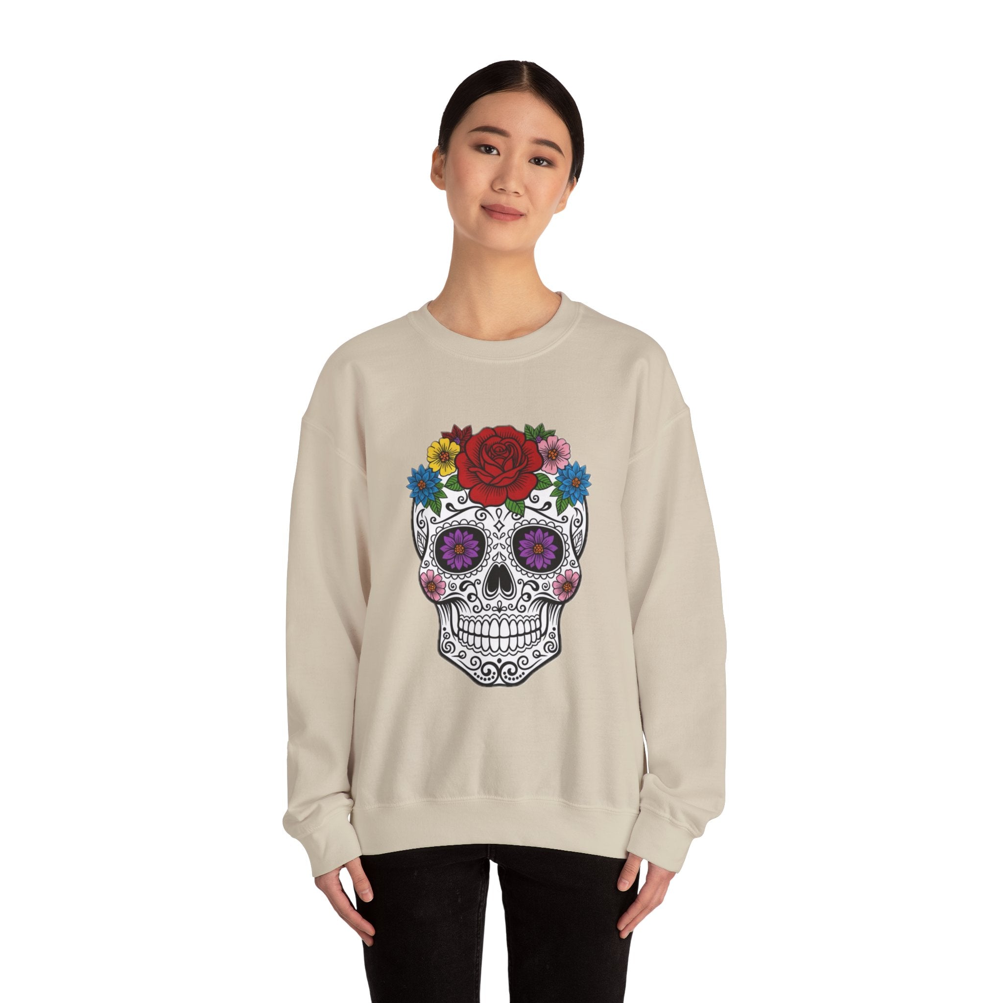 Sugar Skull Floral Sweatshirt - Unisex Crewneck, Boho Style, Day of the Dead Outfit, Gift for Her, Cozy Casual Wear