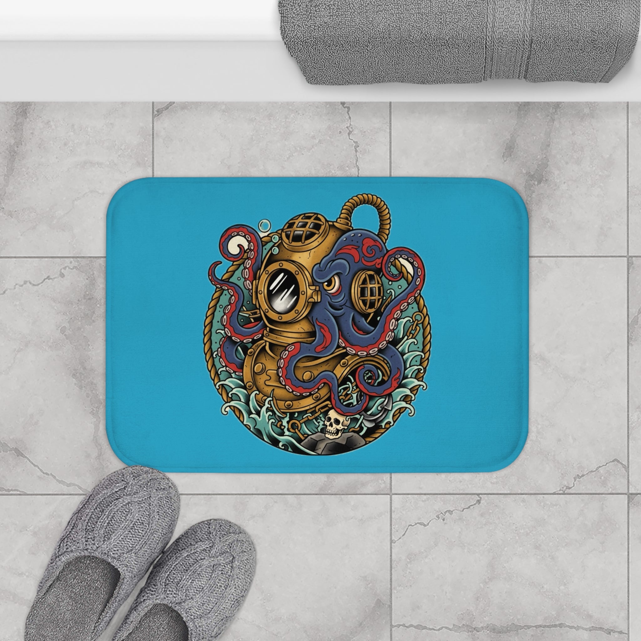 Ocean-Inspired Bath Mat with Steampunk Octopus Design, Nautical Decor, Underwater Theme, Unique Bathroom Accessory, Gift for Ocean Lovers