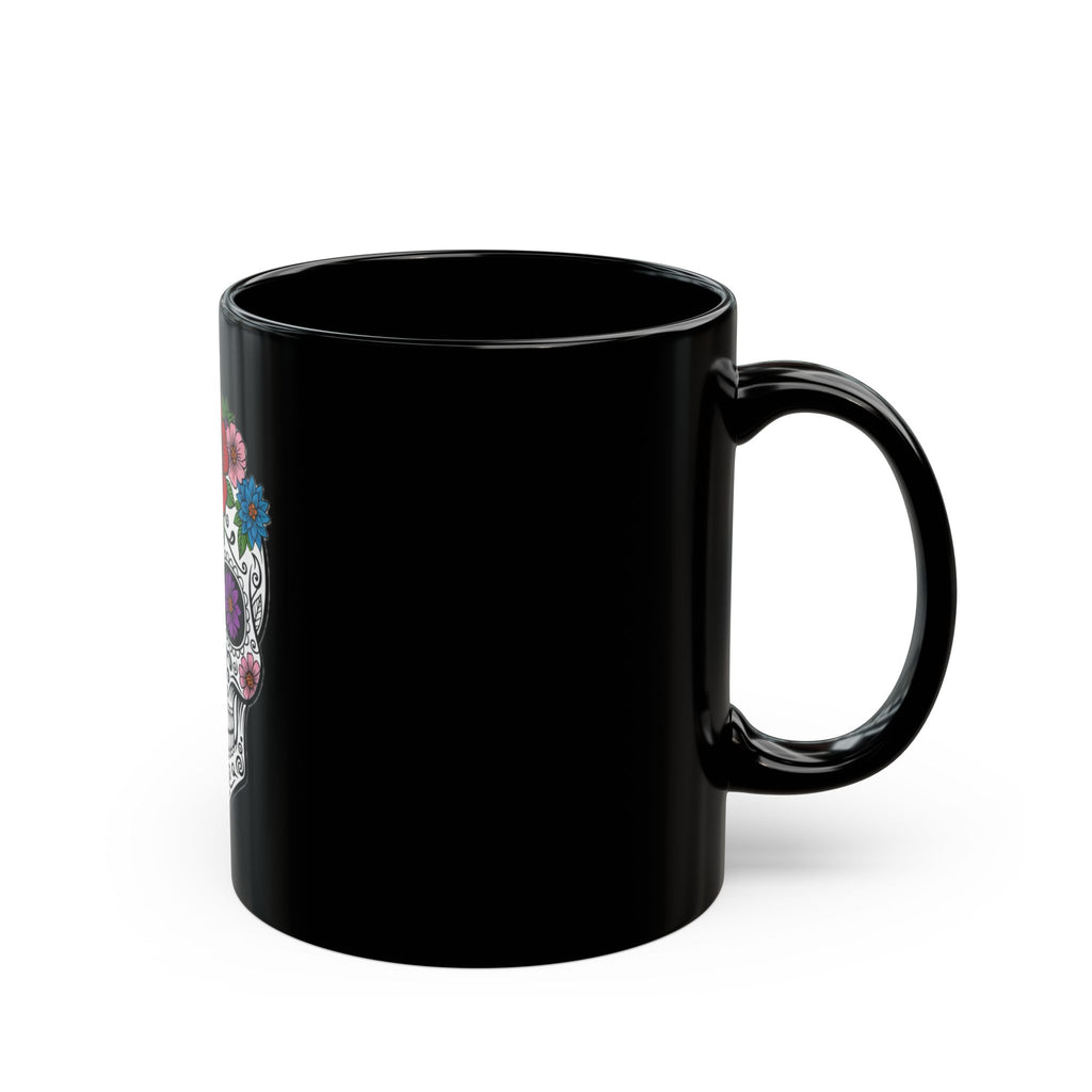 Sugar Skull Black Mug - Day of the Dead Coffee Cup, Halloween Gift, Floral Skull Mug, Unique Tea Mug, Decorative Ceramic Mug