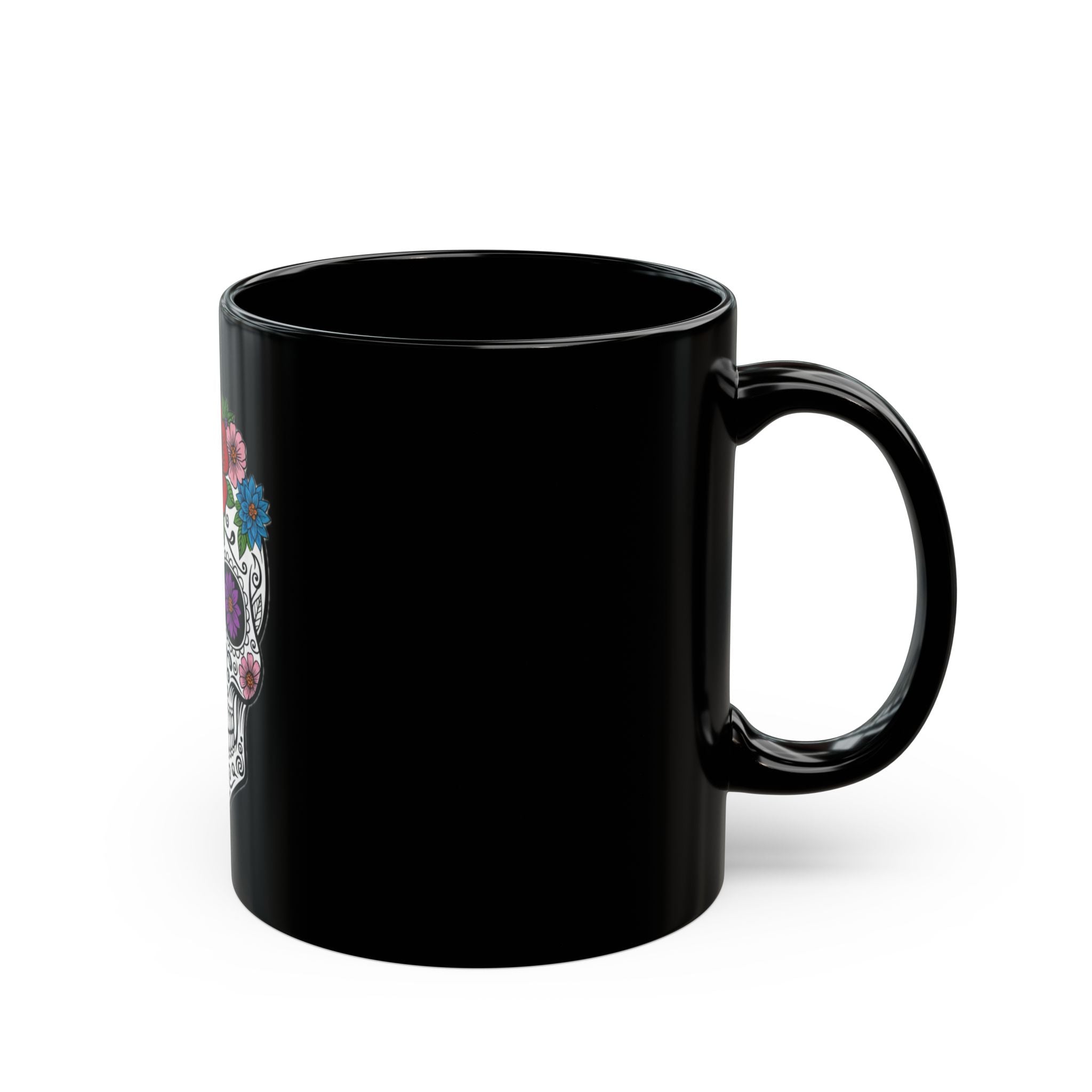Sugar Skull Black Mug - Day of the Dead Coffee Cup, Halloween Gift, Floral Skull Mug, Unique Tea Mug, Decorative Ceramic Mug